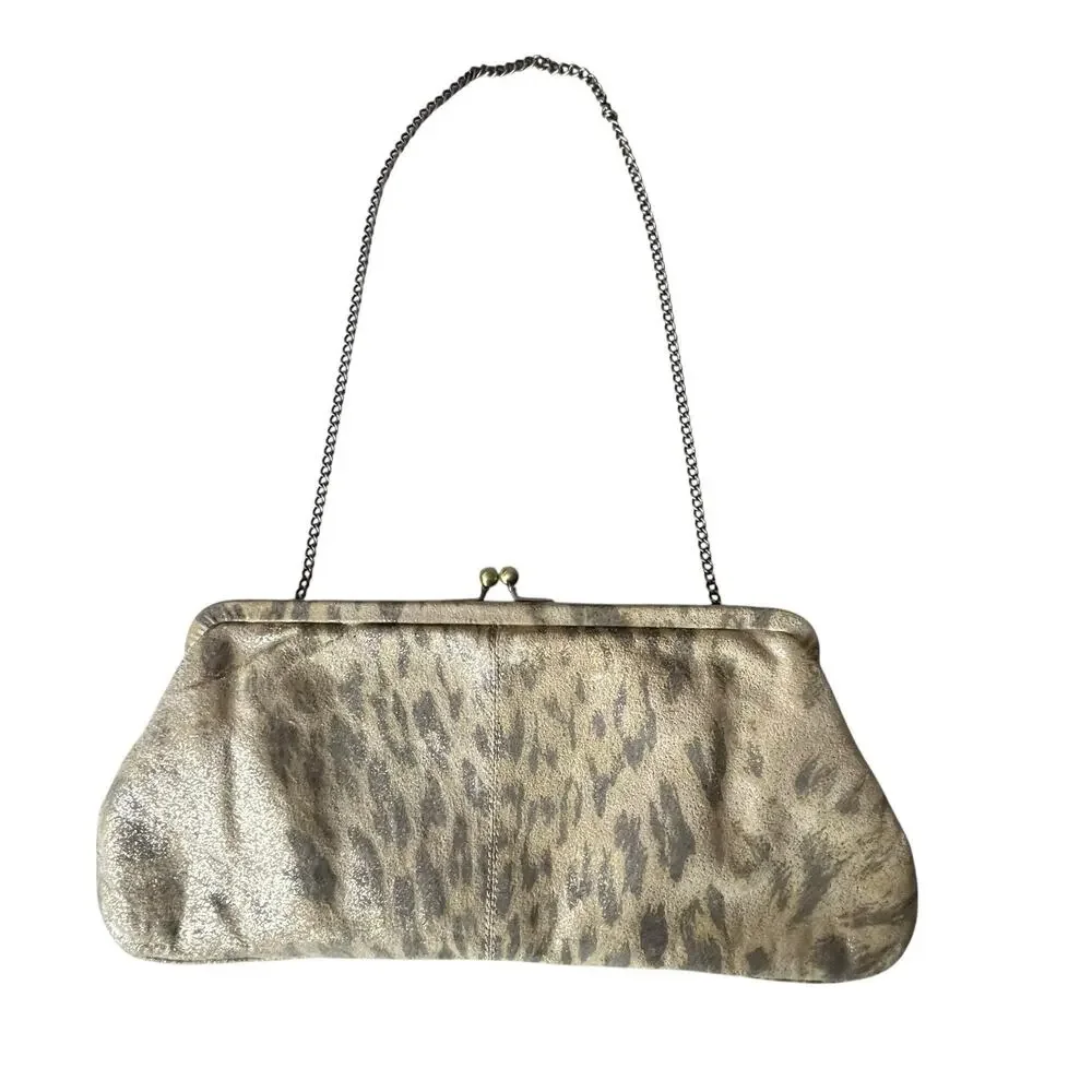 Hobo International Vtg. Frame Bag Clutch Chain Kiss Lock Leopard Print Tan Gold